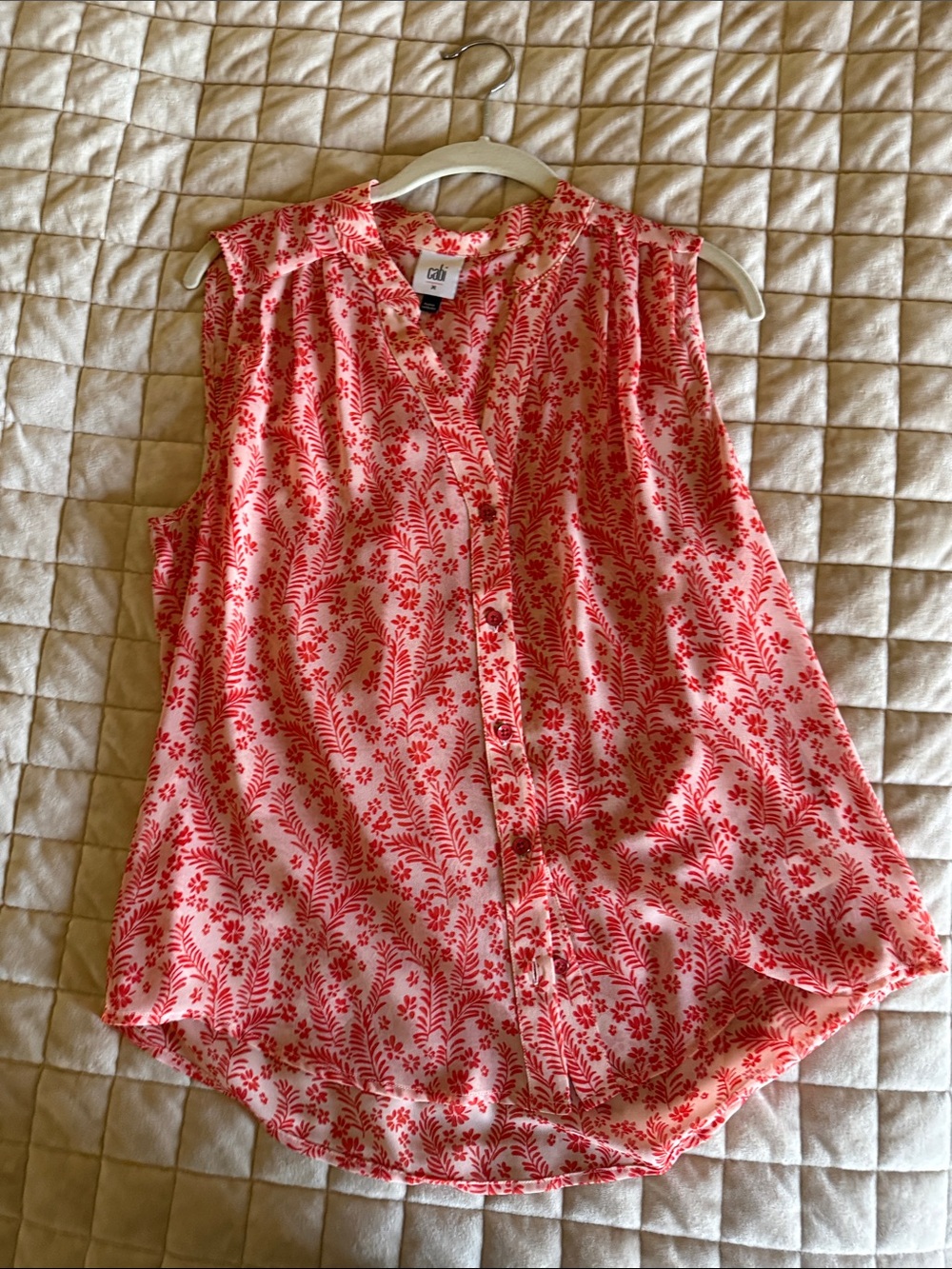 CAbi Pink and Red Floral Sleeveless Button-Up Blouse